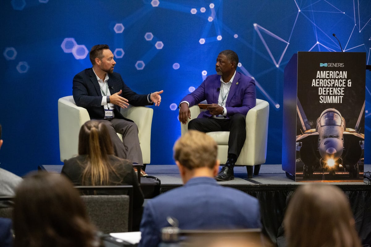 John Lewis, VP of Engineering at Collins Aerospace, and Mayon Neal, Executive Director of Interiors at Collins Aerospace, participated in a fireside chat